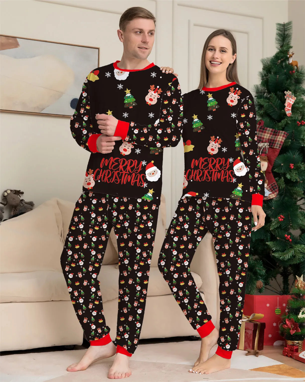Family wearing matching red plaid Christmas pajamas, including parents, two children, a baby, and a dog.
