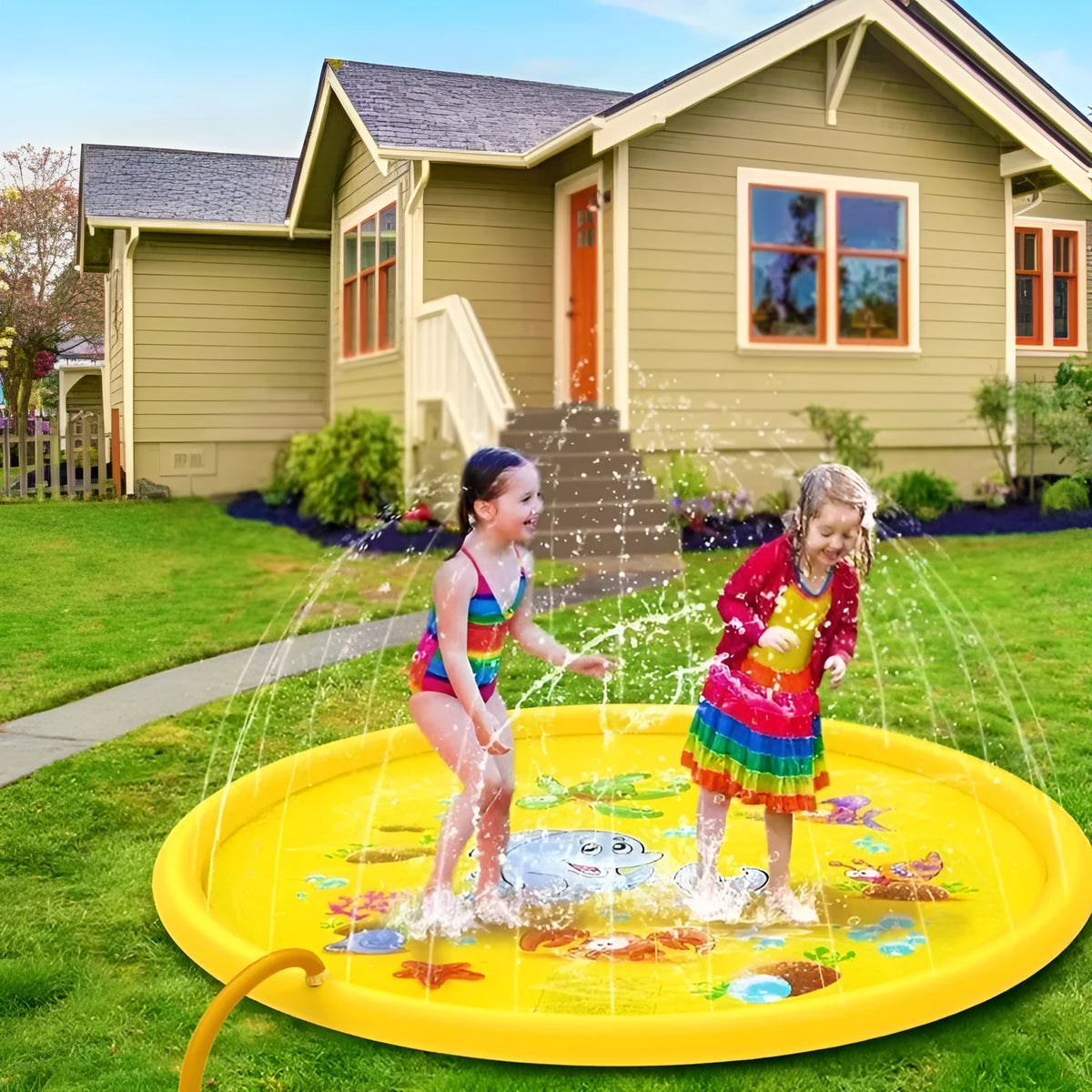 Yellow outdoor water spray mat with letter patterns for children, PVC material, 150cm or 170cm size option