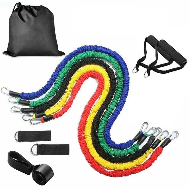 Multi-functional TPE resistance tube 11-piece set with climbing hook ribbons for home fitness exercise