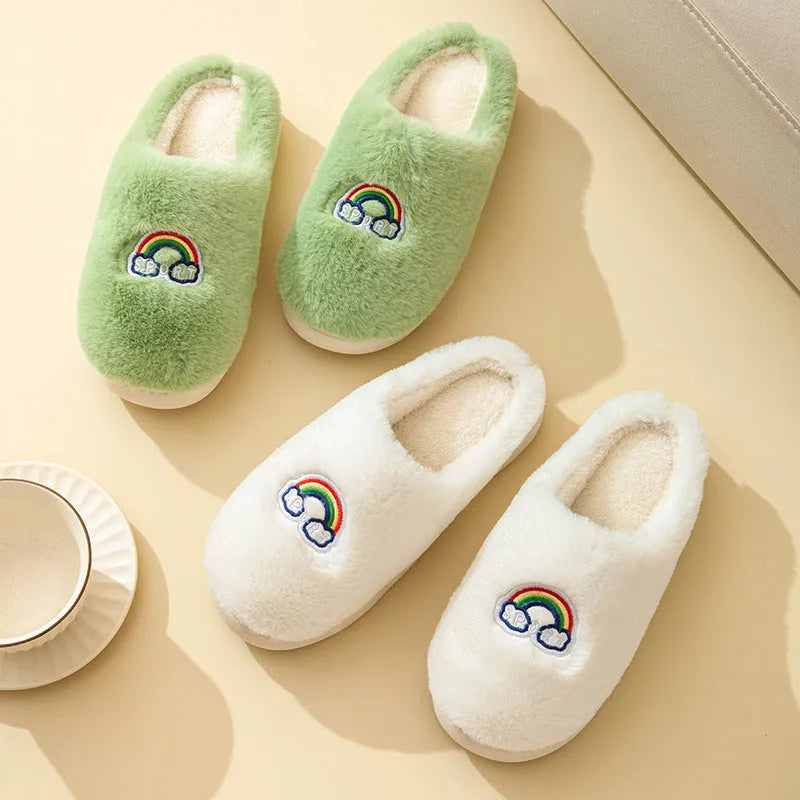 Kawaii rainbow embroidered plush slippers in white, rubber sole, wrapped toe, indoor winter wear