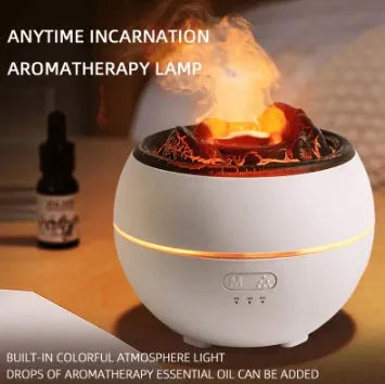 Round white ultrasonic flame aroma diffuser with water tank on desk