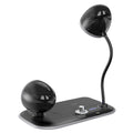 White three-in-one desk lamp showing digital clock display, wireless charging pad, and adjustable LED lighting