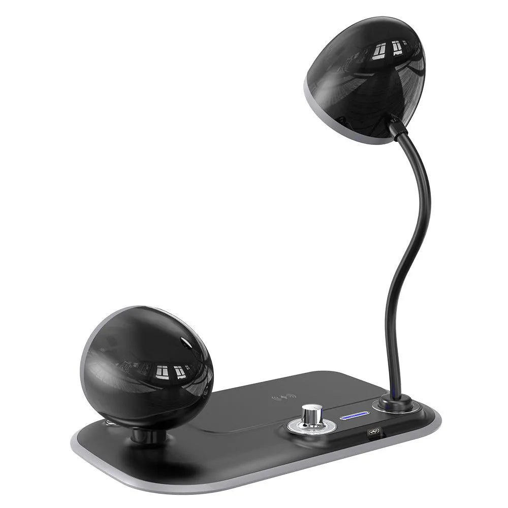 White three-in-one desk lamp showing digital clock display, wireless charging pad, and adjustable LED lighting