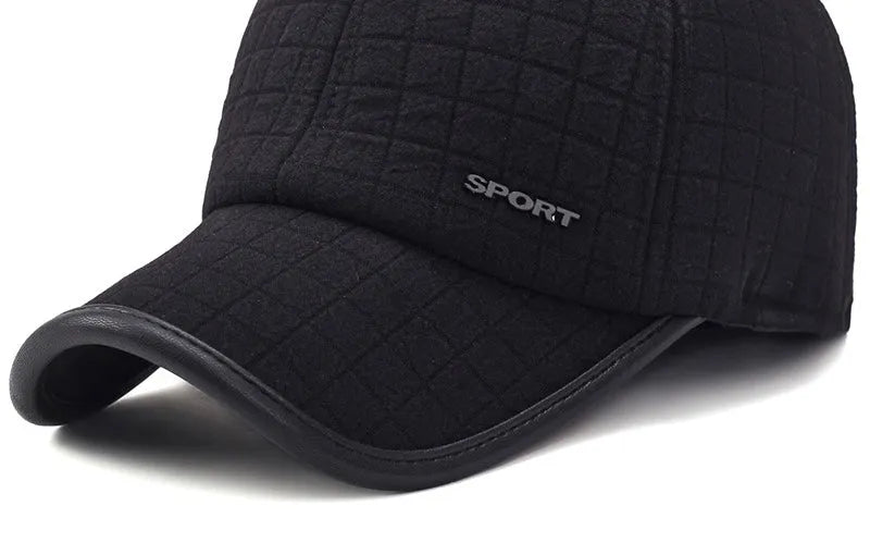 Men's winter ear protection thickened baseball cap, cotton warp knit, adjustable 56-60cm, black colour on white background