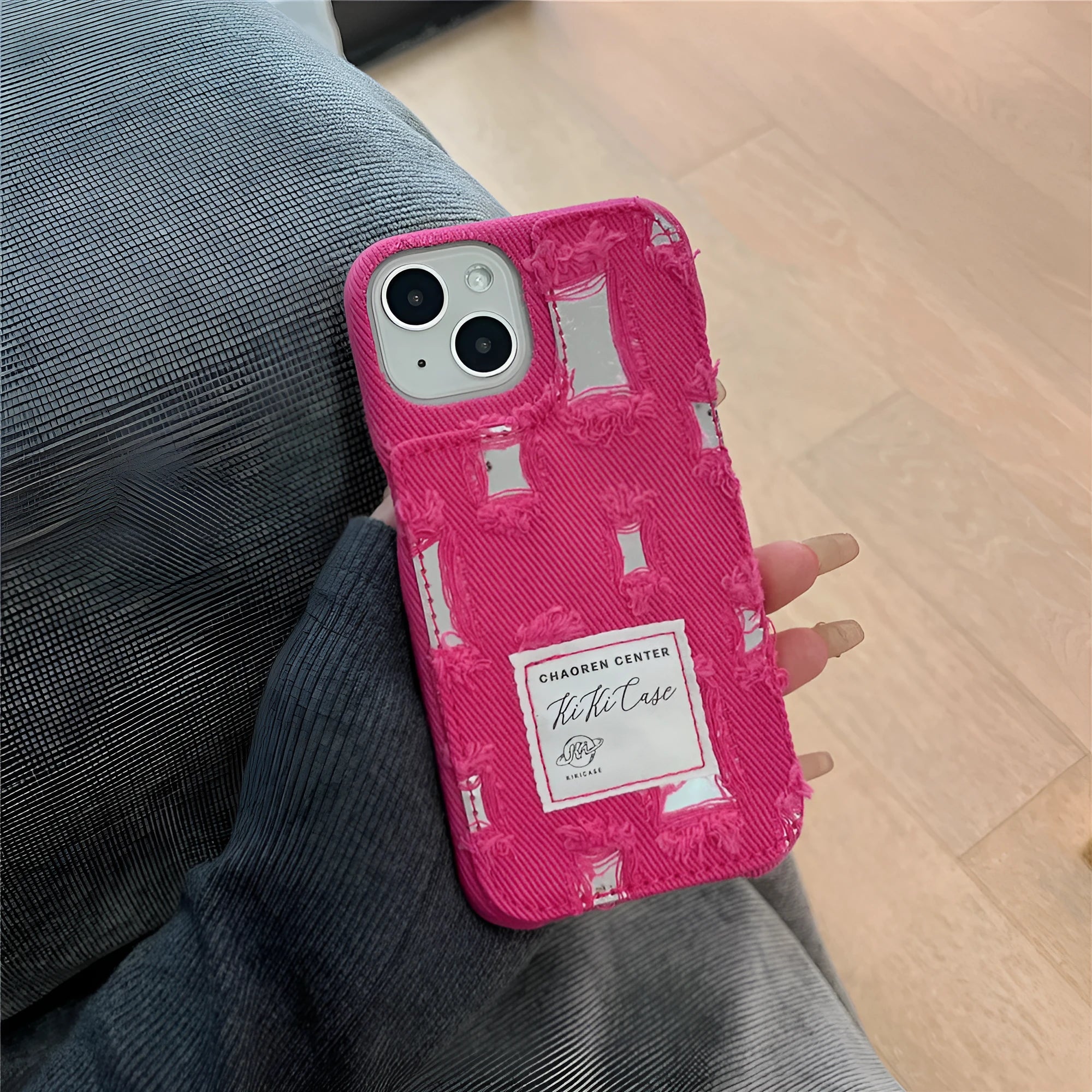 Mirror hole denim TPU phone case with rhinestone animal pattern for iPhone, back cover in rose red