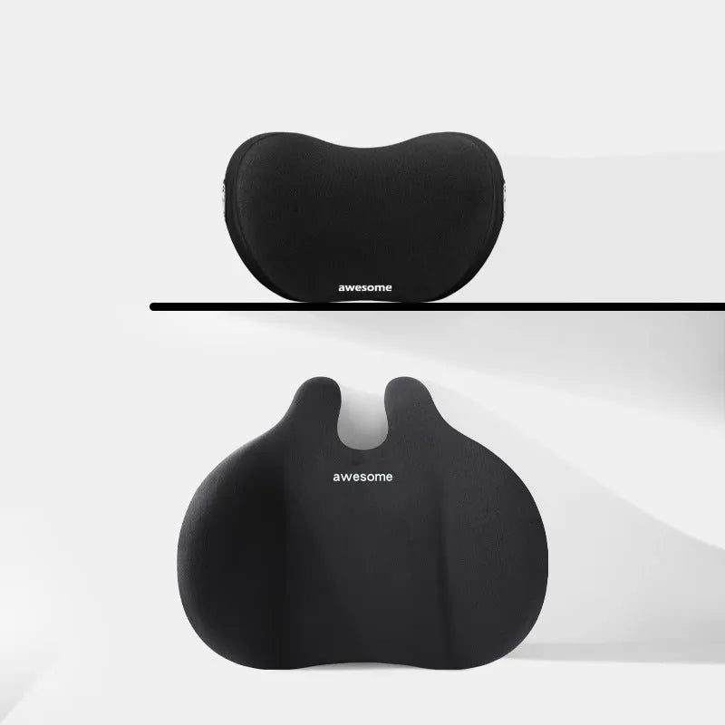 Automotive headrest and lumbar support pillow set in coordinated colours for car comfort