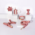 Classic velvet soft dog collar and leash harness set with bow tie, flower, and toilet bag accessories in multiple colours.