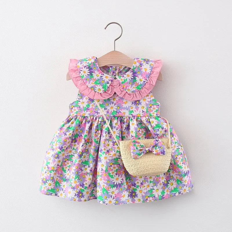 Baby girl summer dress with cotton lining, lace trim, and flower print, available in green, pink, yellow, suitable heights 73-100cm