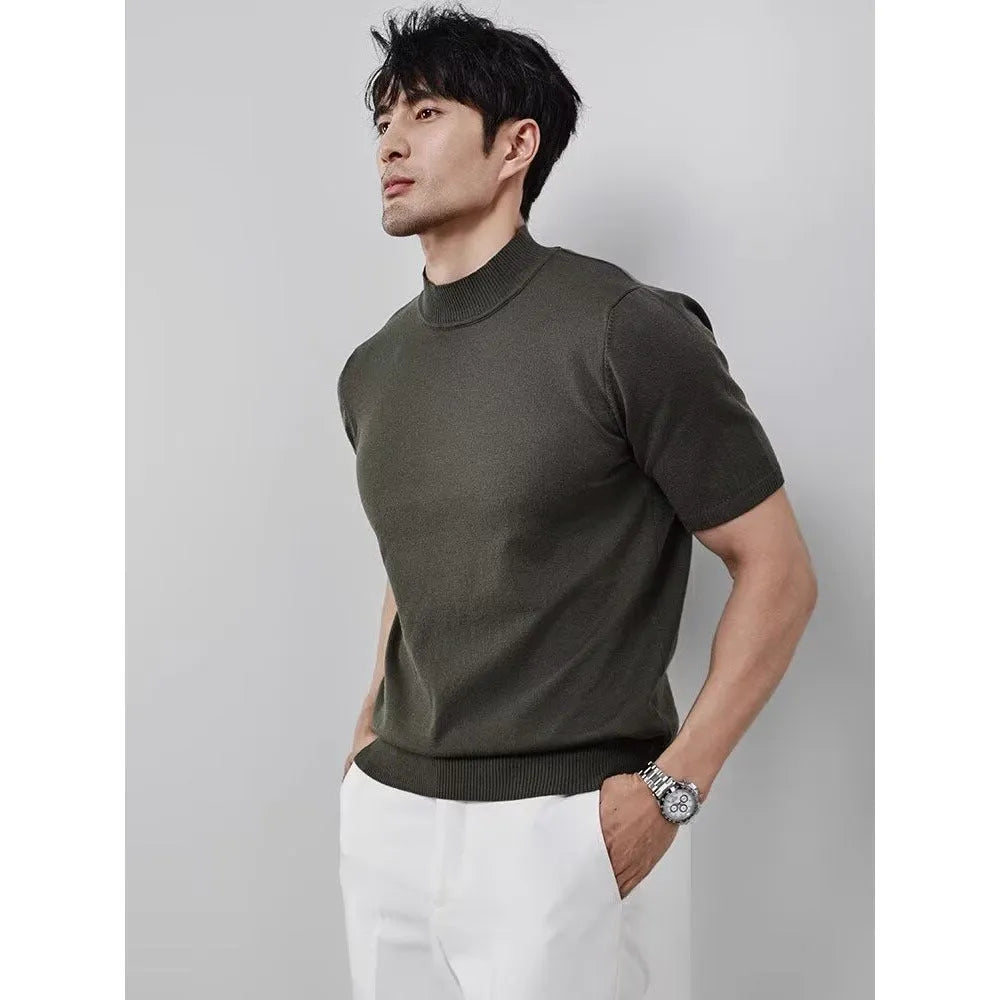 Men's ice silk half turtleneck knitwear pullover, slim fit thin polyester in solid colours, sizes M to XXXL