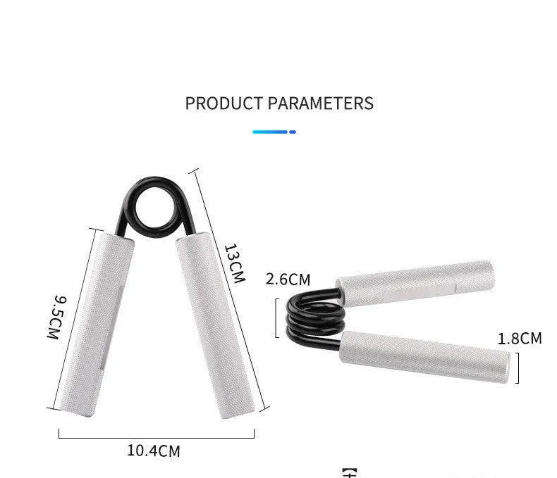 Aluminium alloy hand gripper with spring steel resistance on a neutral background