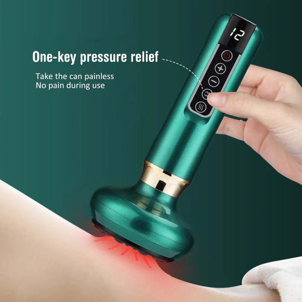 Green electric vacuum cupping massager with Gua Sha head on USB charging cable
