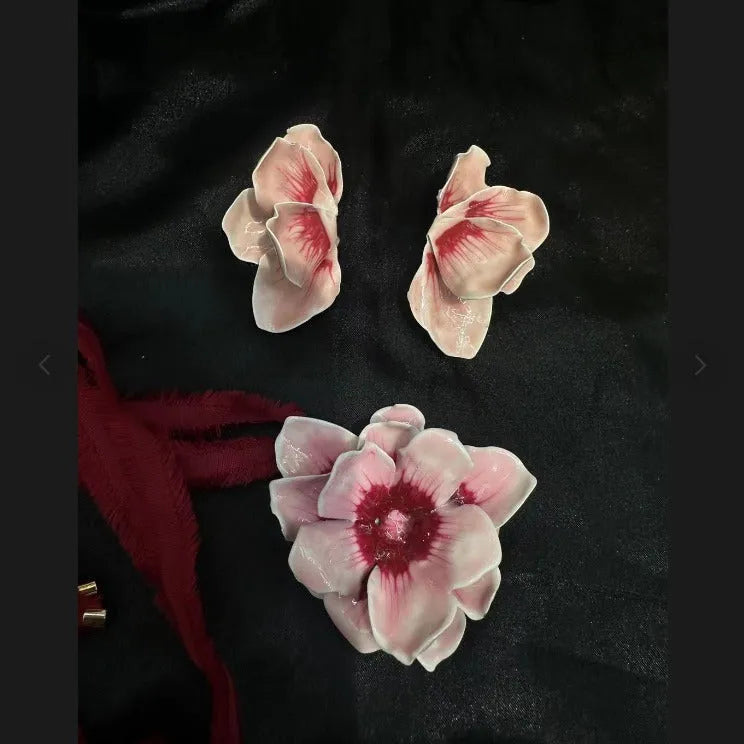Alloy electroplated flower stud earrings with oil-spot glaze finish in four colour options