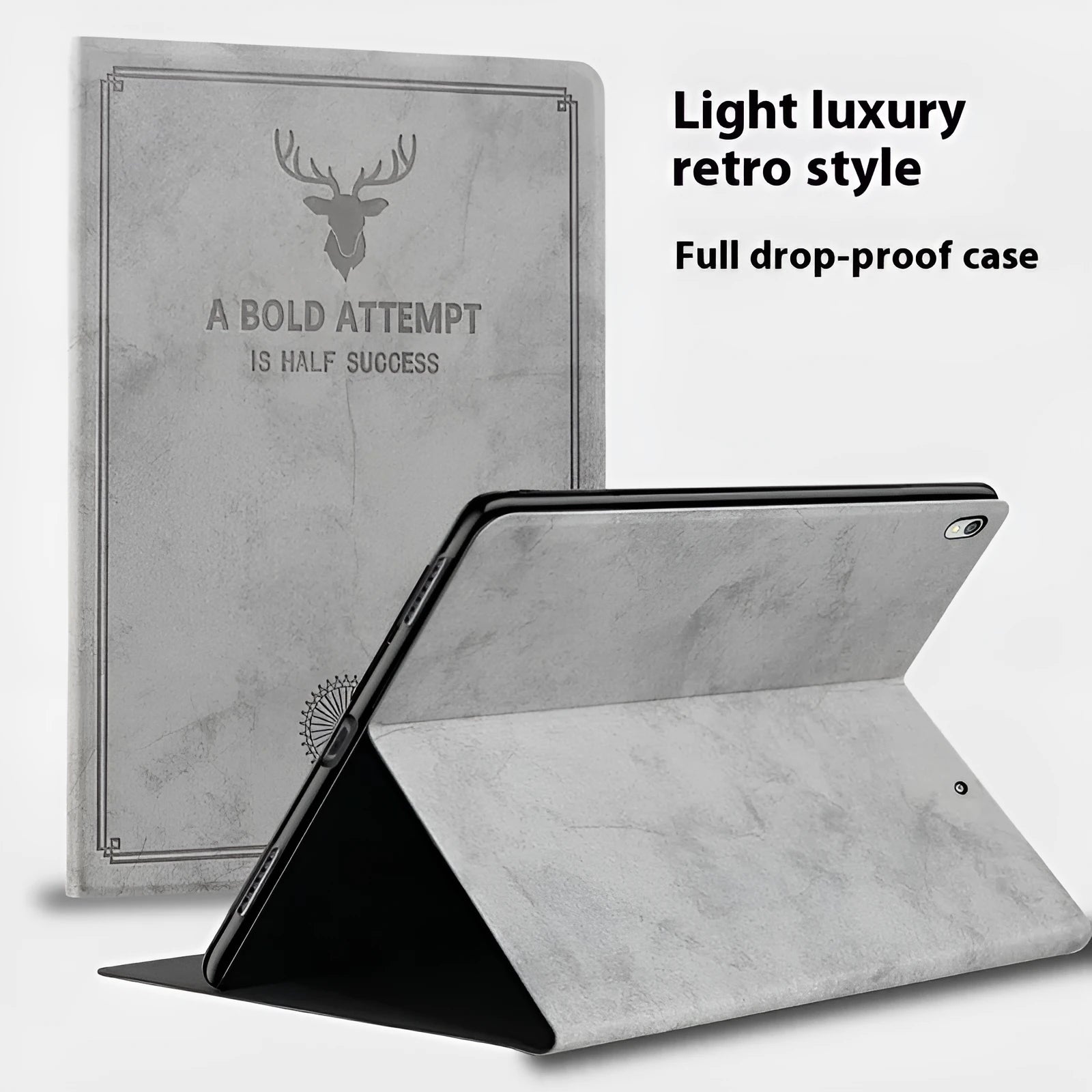 Soft TPU leather clamshell protective case for iPad shown in Black Elk colour, closed.
