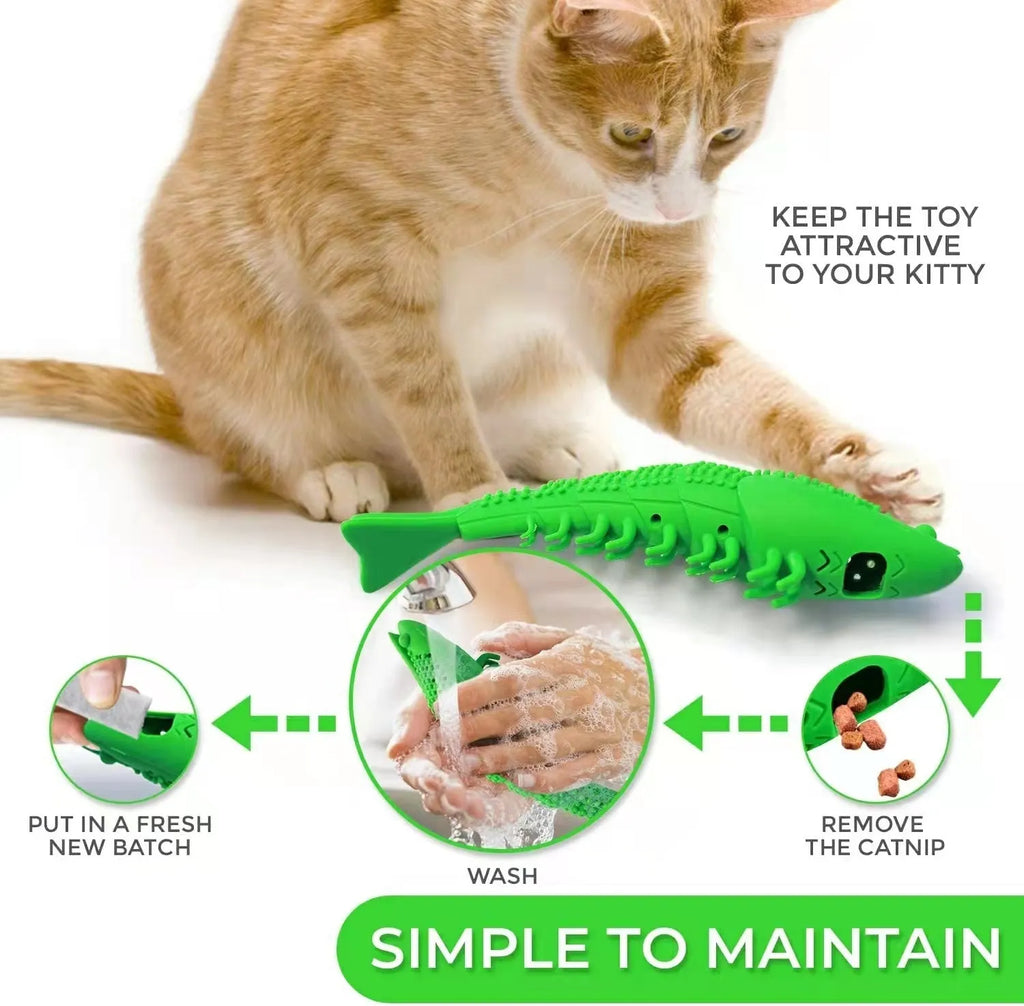 Blue catnip dental chew toy with rubber bristles for teeth cleaning