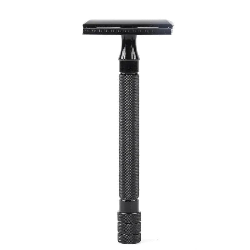 Traditional manual shaving razor with brush combination set in black or silver finish