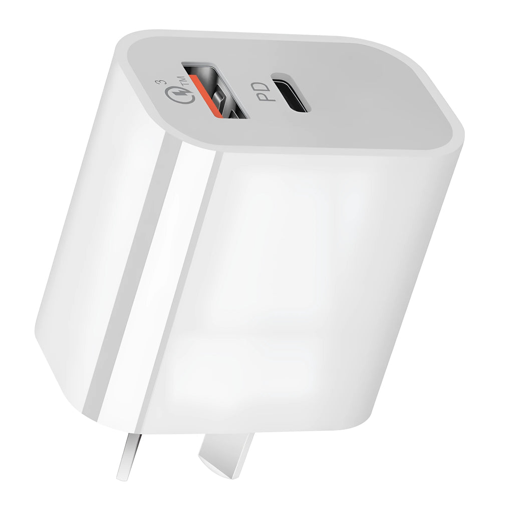 White dual port USB charger with Australian plug, showing USB-A and USB-C ports.