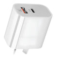 White dual port USB charger with Australian plug, showing USB-A and USB-C ports.