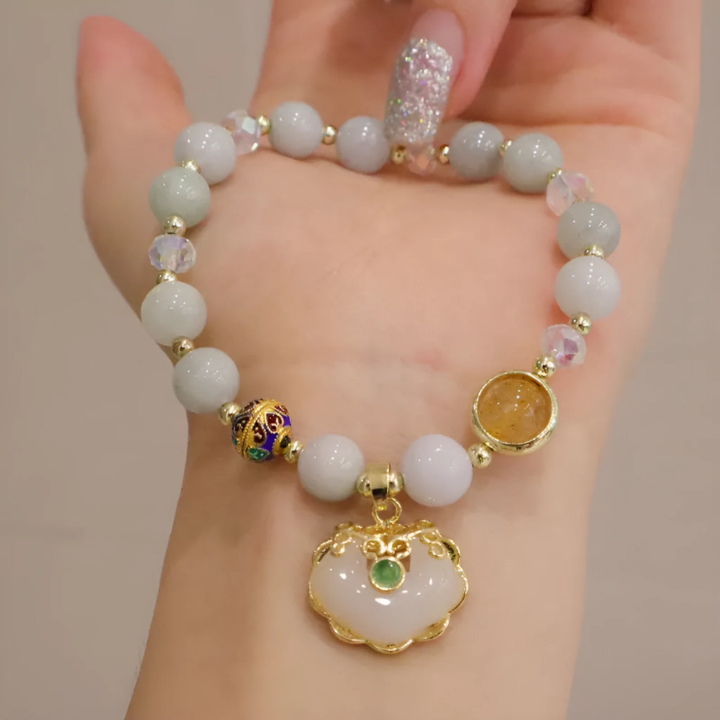 Women's geometric jade bracelet in Gray Jade with metal and three-dimensional ethnic decoration