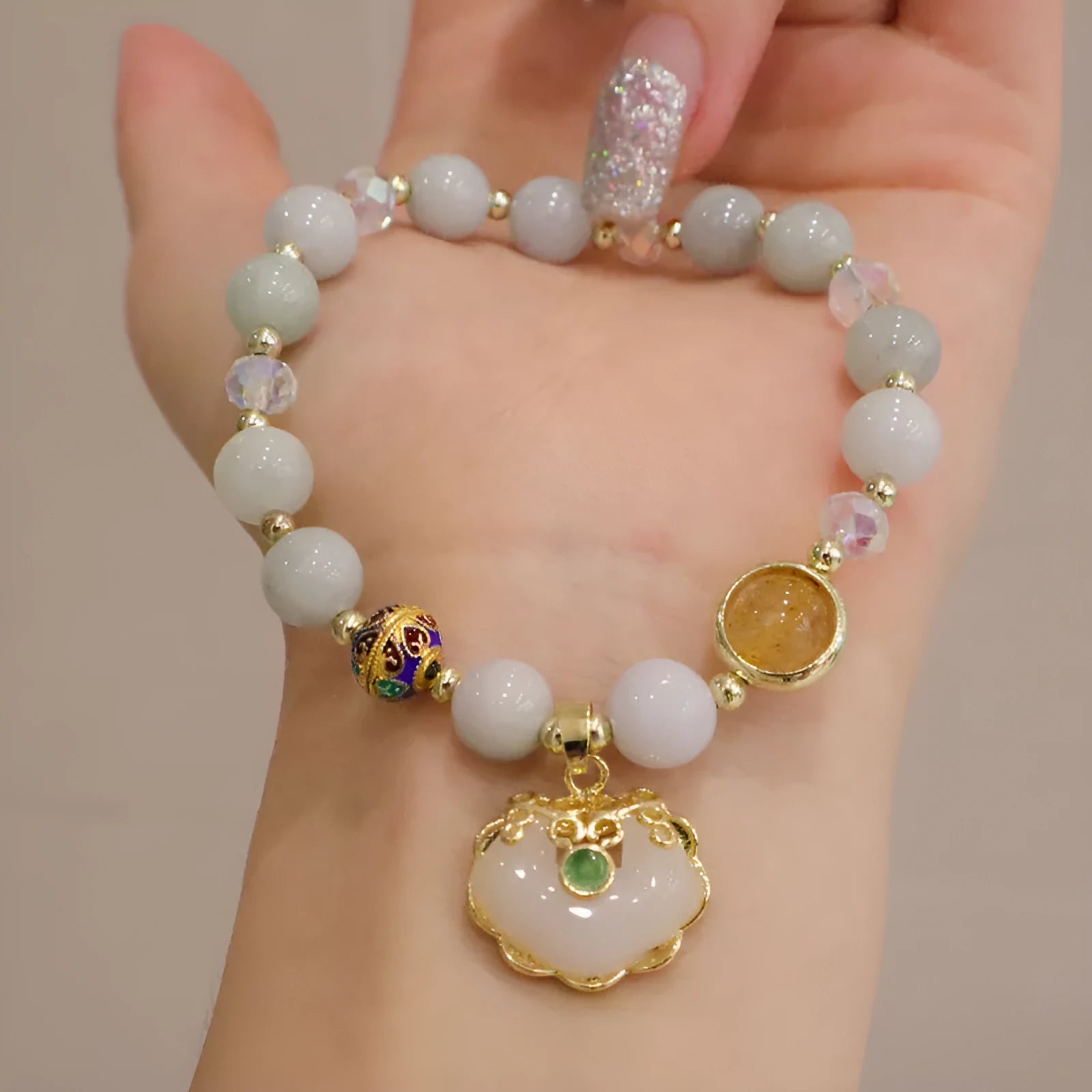 Women's geometric jade bracelet in Gray Jade with metal and three-dimensional ethnic decoration