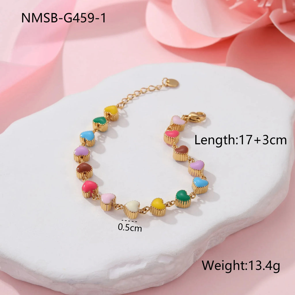 Gold or steel women's bracelet with colourful oil necklace and love heart pendant