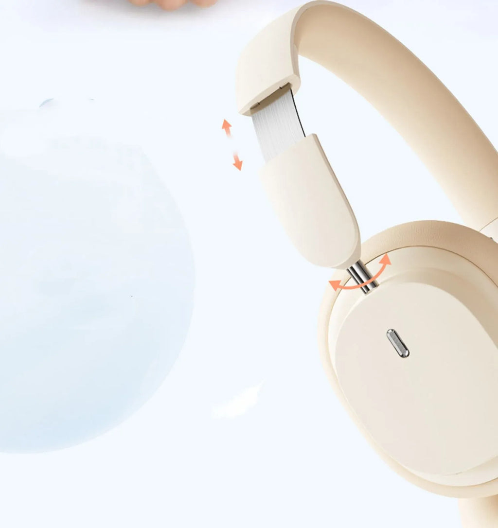 Beige Bluetooth over-ear headphones with cushioned ear cups and metal headband