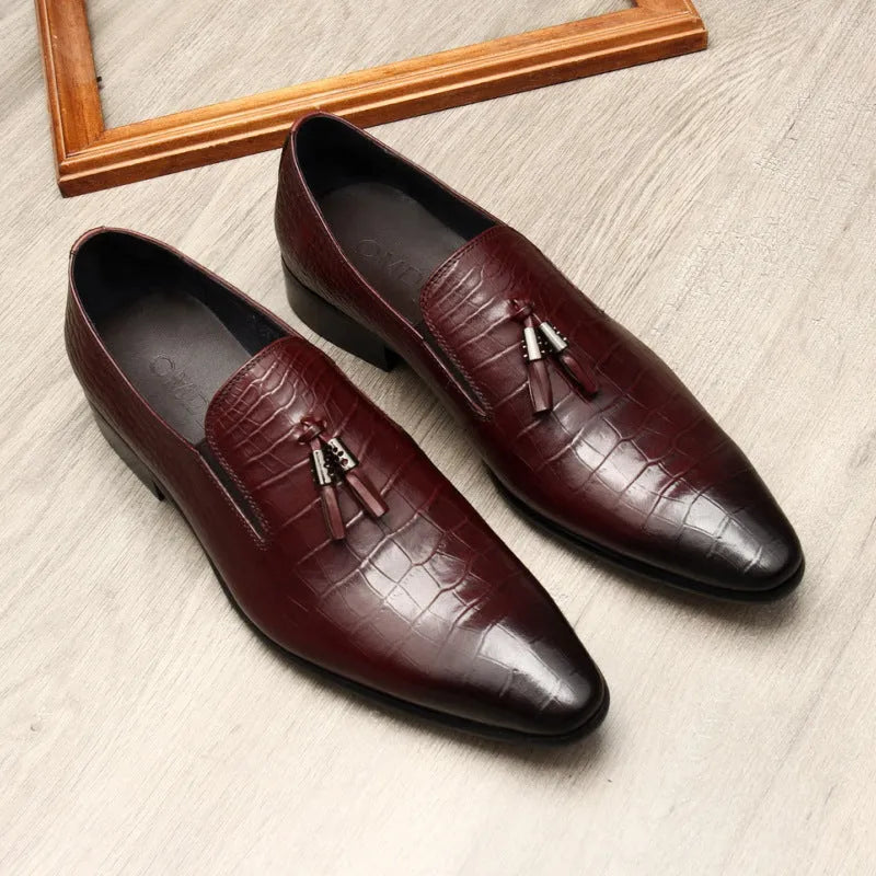 Formal men's black genuine cowhide leather pointed toe dress shoes with rubber sole