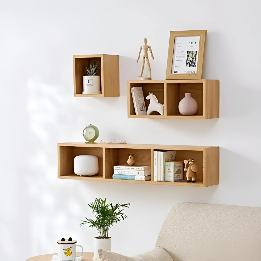 Solid White Oak wall shelf with three lattice grids in walnut colour, mounted on a bedroom wall