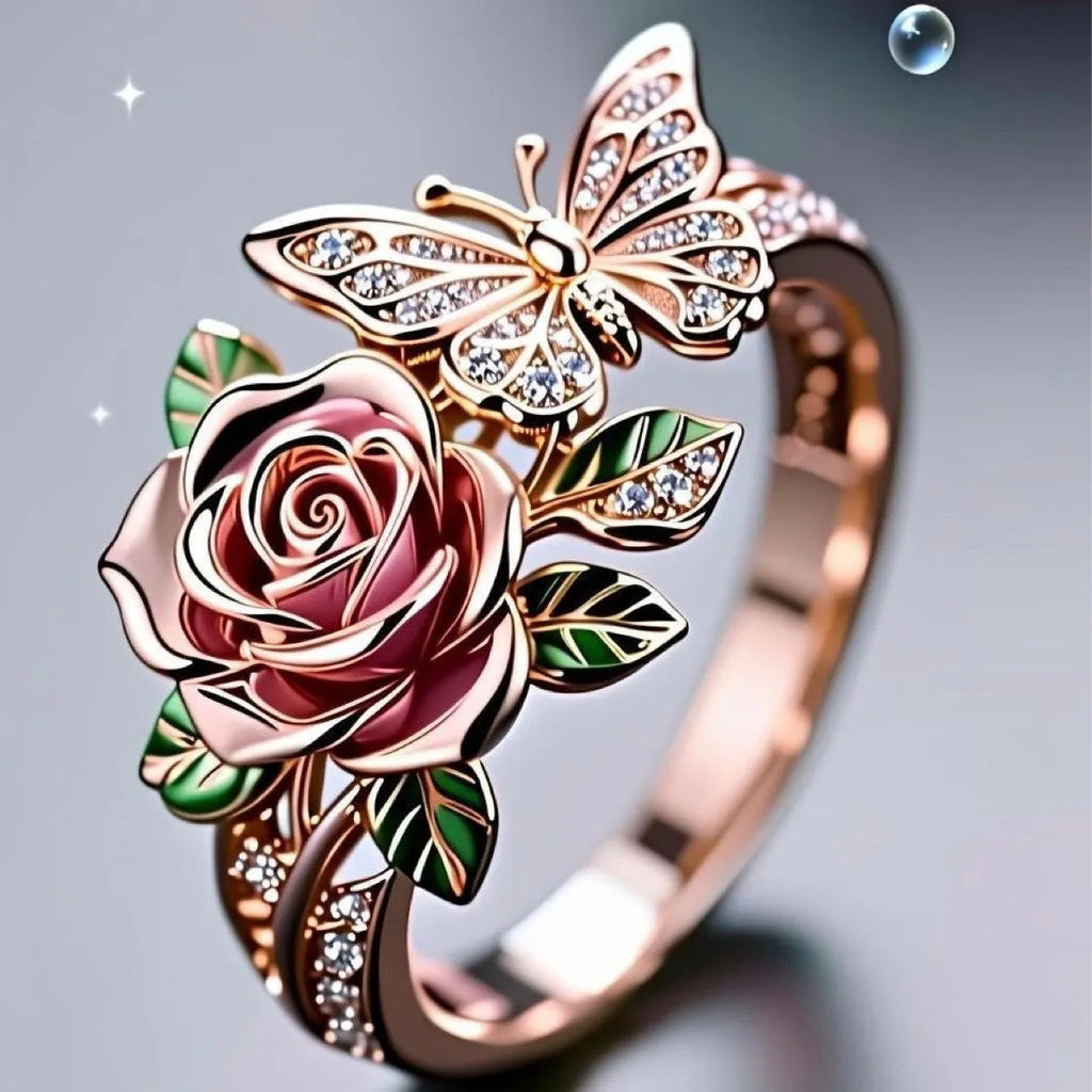 Adjustable colourful alloy ring with drip oil finish, featuring flower, insect, and leaf designs in a fairy style.