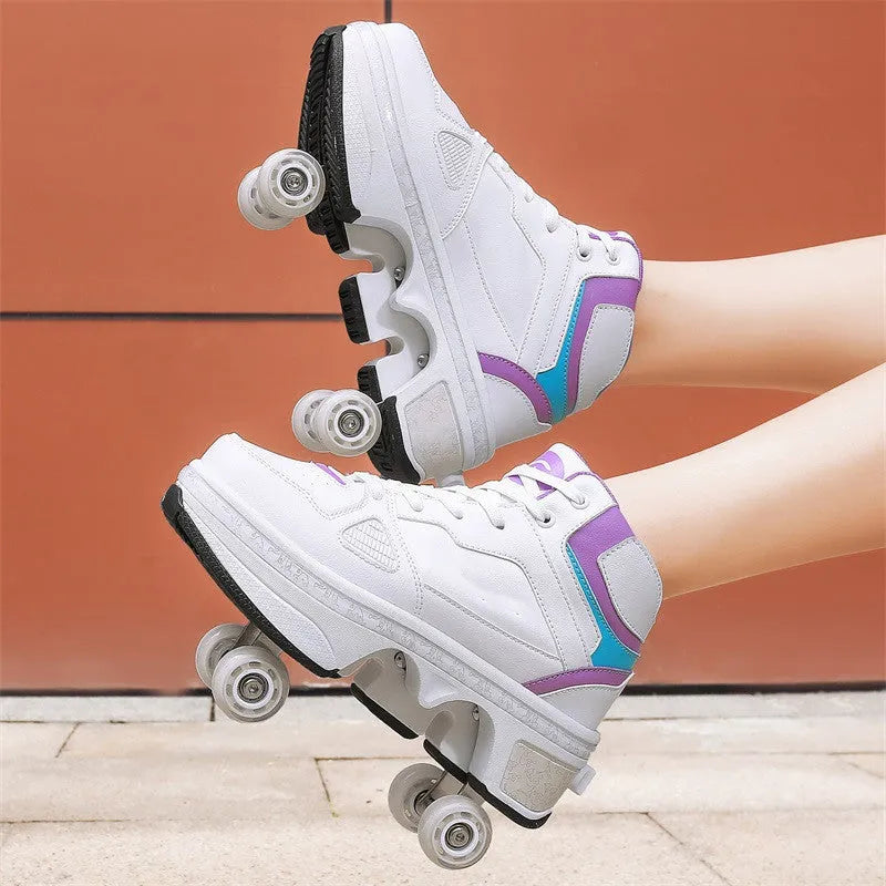 Kids double wheel row sneakers with retractable PU wheels, sizes 34 to 43, in purple, black, white or pink