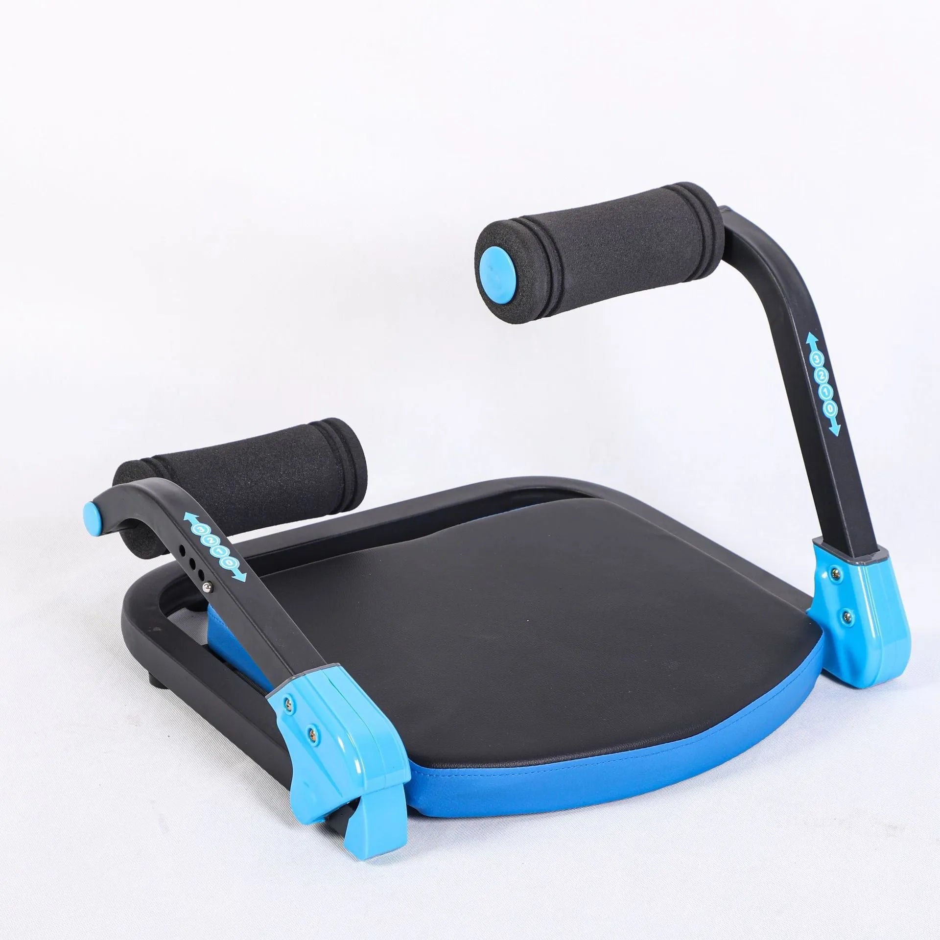 Compact abdominal exercise device in red and sky blue colours for portable core training