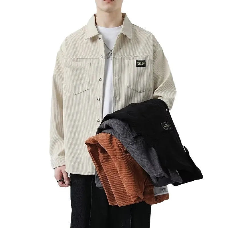 Men's corduroy casual jacket in cardigan style with long sleeves