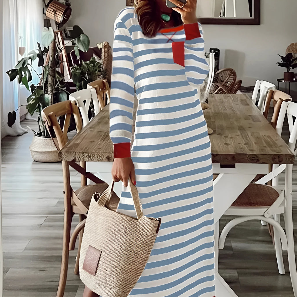 Striped printed long sleeve dress with contrast edge, Rose Stripe colour, on a female model, front view, showing the long sleeves and stripe pattern.
