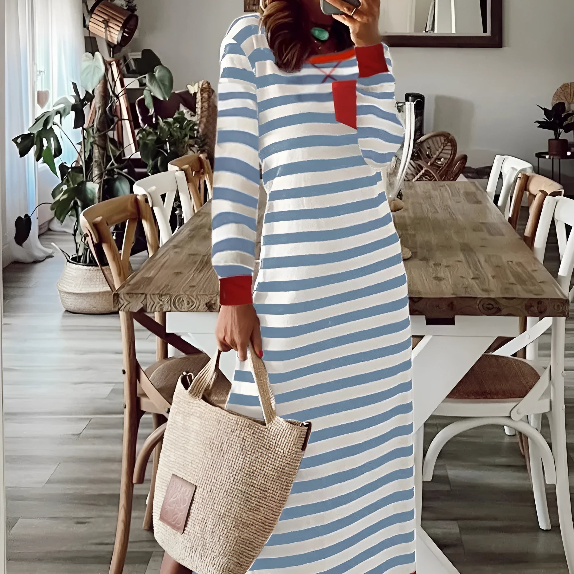 Striped printed long sleeve dress with contrast edge, Rose Stripe colour, on a female model, front view, showing the long sleeves and stripe pattern.