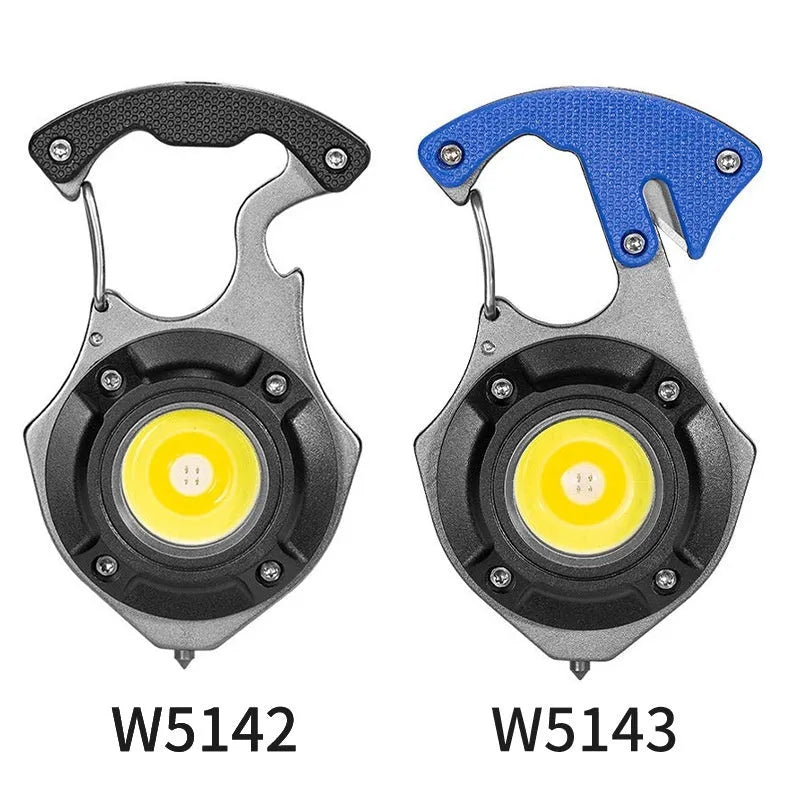 Portable multifunctional keychain flashlight with screwdriver and window breaker hammer, showing COB LED light.
