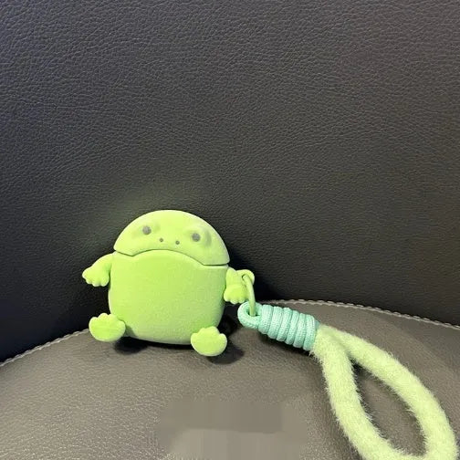 Flocking frog protective cover for AirPods with embossed TPU finish and lanyard in cartoon style