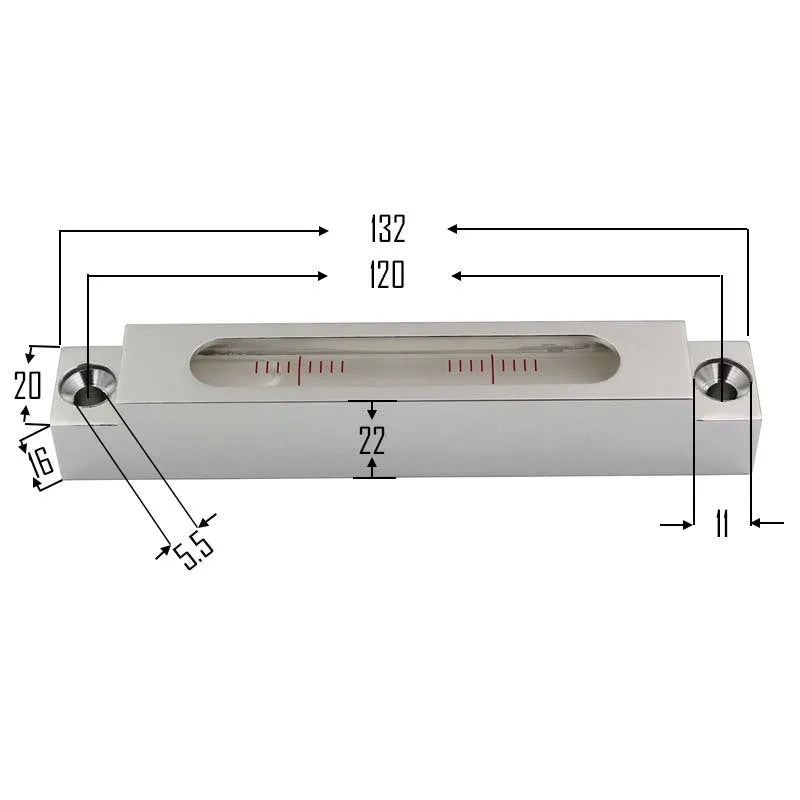 Compact metal and glass spirit level measuring 132mm with visible bubble vial containing 500 bubbles