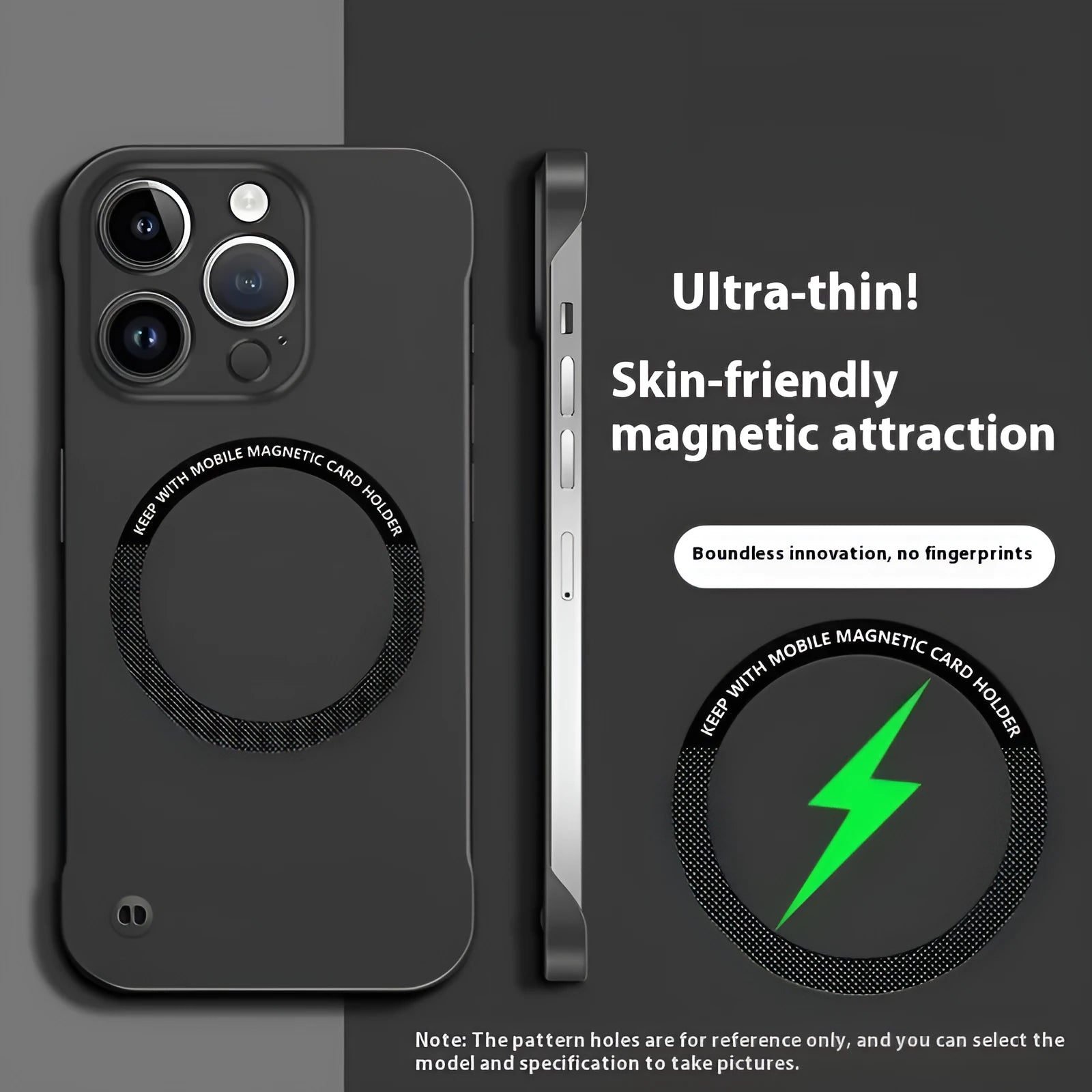 Black frameless strong magnetic phone case for iPhone 13 Pro with PC construction and sprayed finish
