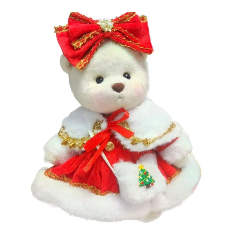 30cm Momo bear plush doll wearing a red plaid dress Christmas costume set with cloak