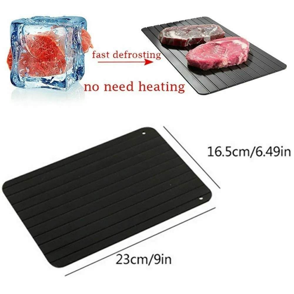 Black aluminium fast defrost tray for thawing frozen meat and food without electricity.