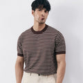 Men's high-grade casual striped round neck knitted T-shirt in green, blue, brown; short sleeve summer top Harajuku style