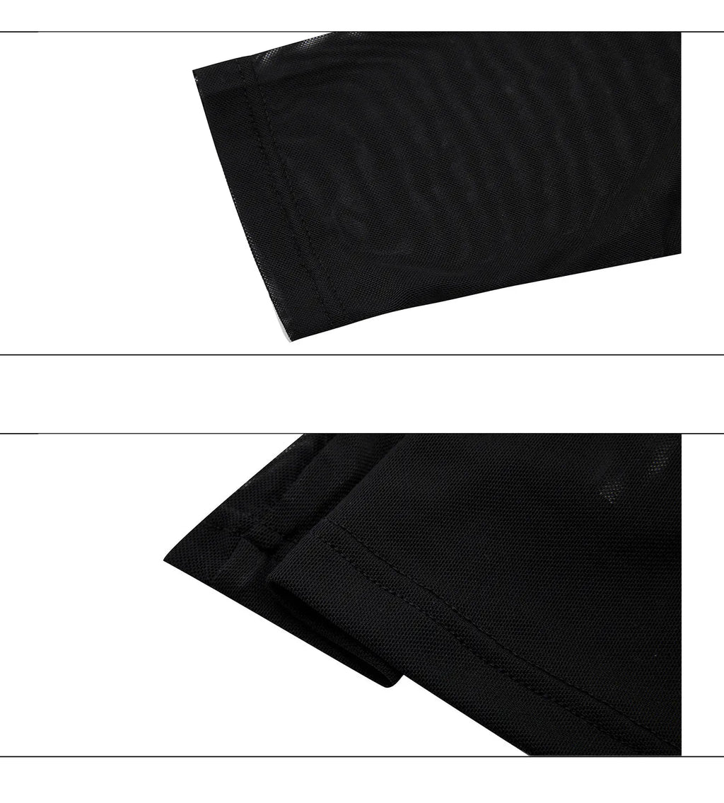 Black mesh slim-fit long sleeve bottoming shirt on a hanger, showing its lightweight texture and close cut.
