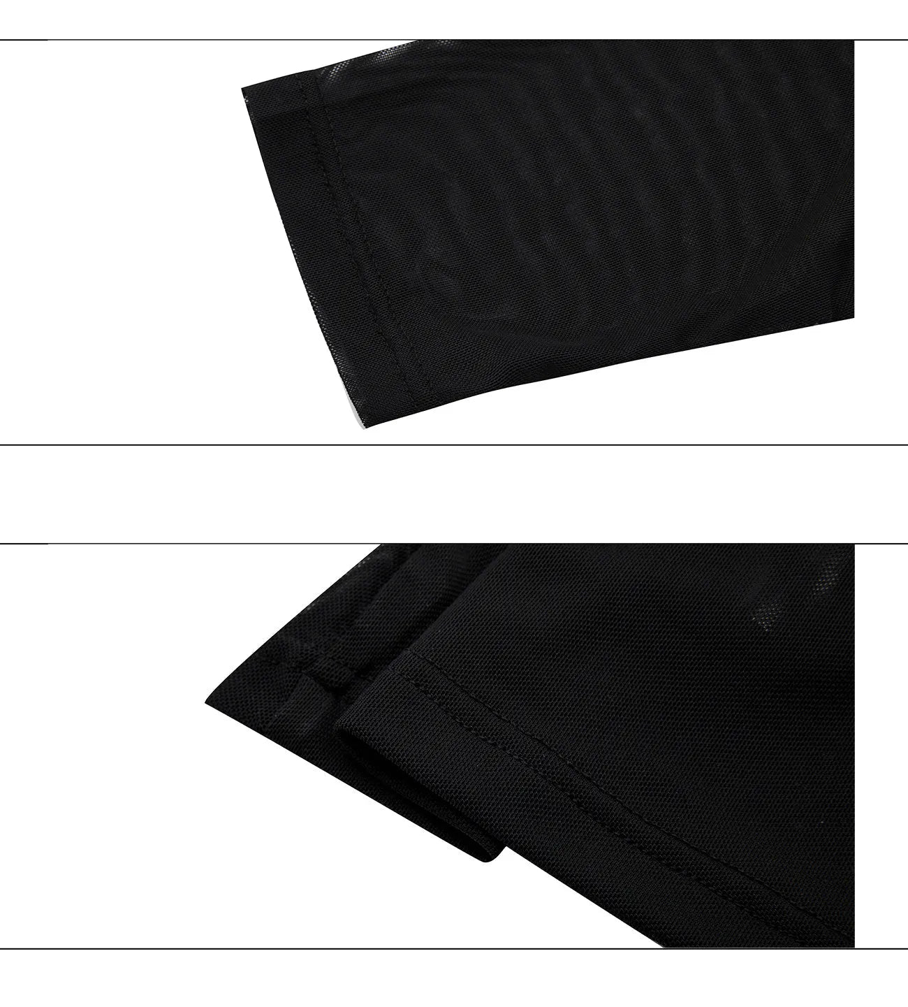 Black mesh slim-fit long sleeve bottoming shirt on a hanger, showing its lightweight texture and close cut.