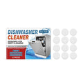 A box of 12 white dishwasher cleaning tablets for limescale and grease removal.