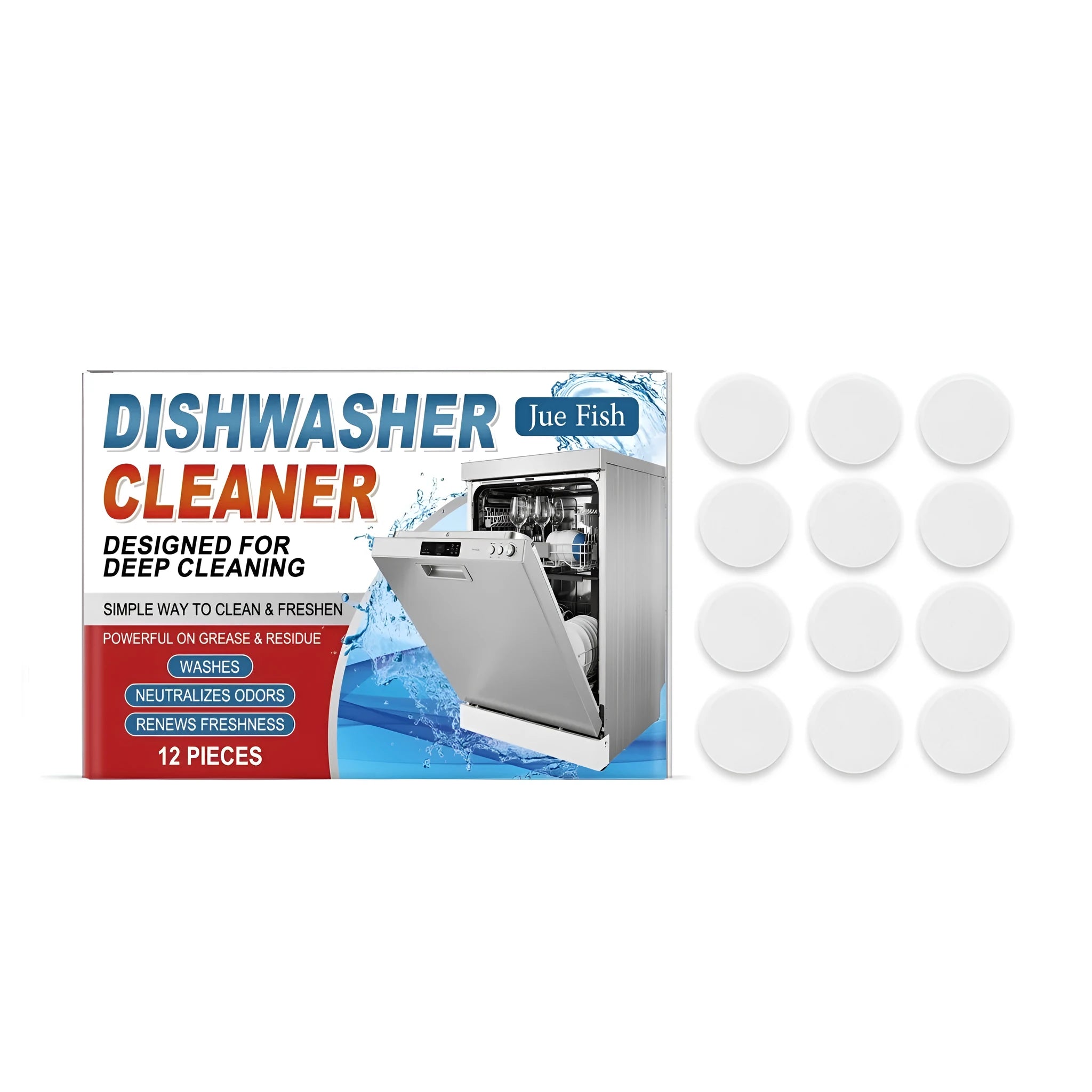 A box of 12 white dishwasher cleaning tablets for limescale and grease removal.