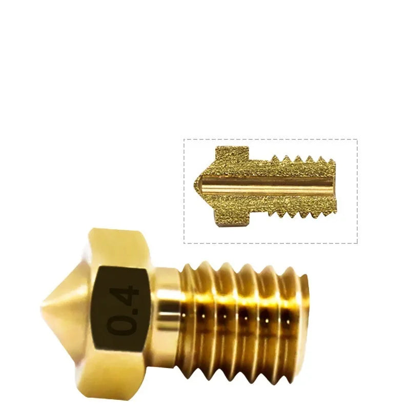 Brass 3D printer nozzle with M6 thread and multiple aperture size options from 0.2mm to 1.0mm.