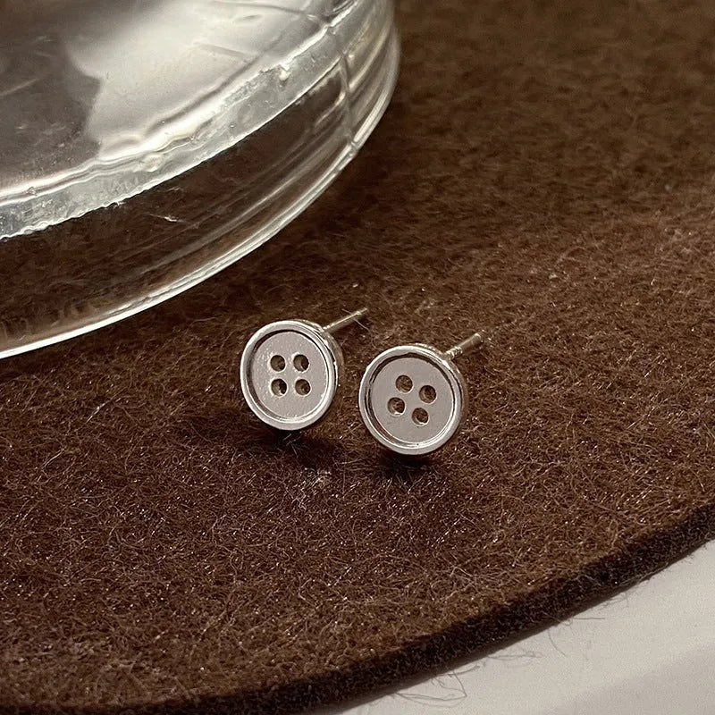 Gold plated silver needle geometric button stud earrings for women