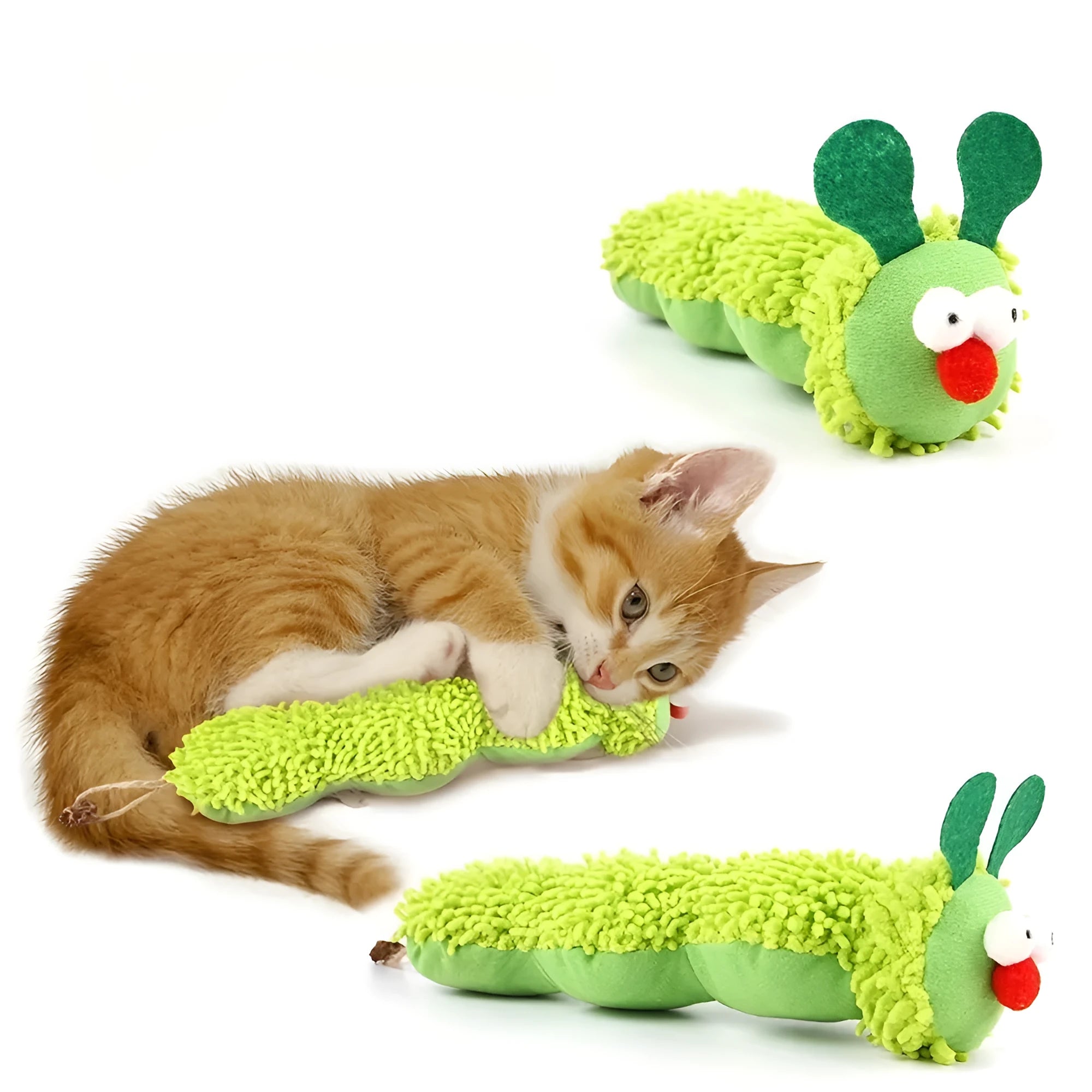 Green rechargeable interactive plush cat toy pillow measuring 24x11x5cm