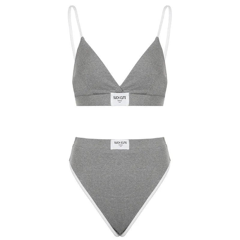 Women's grey embroidered bikini underwear set with sleeveless top and shorts
