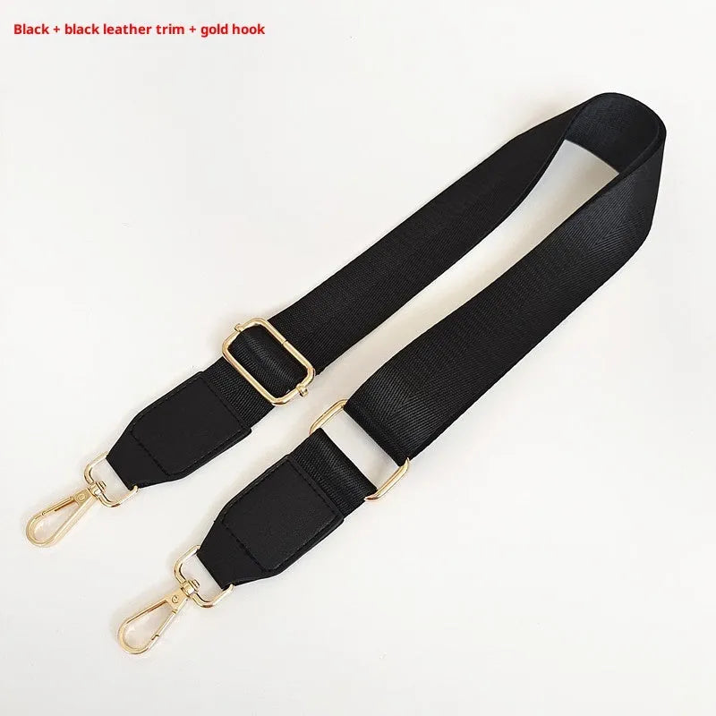 Adjustable nylon shoulder strap with gold hook, shown in 22 colour options for women's bag replacement