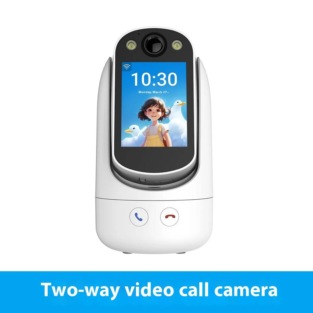 C20 two-way video call surveillance camera with 2.8-inch IPS screen, 1080P HD, white colour, front and side view